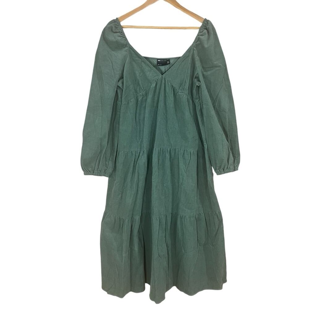 ASOS DESIGN tiered cord babydoll midi smock dress in green khaki SIZE 14 - Picture 4 of 7